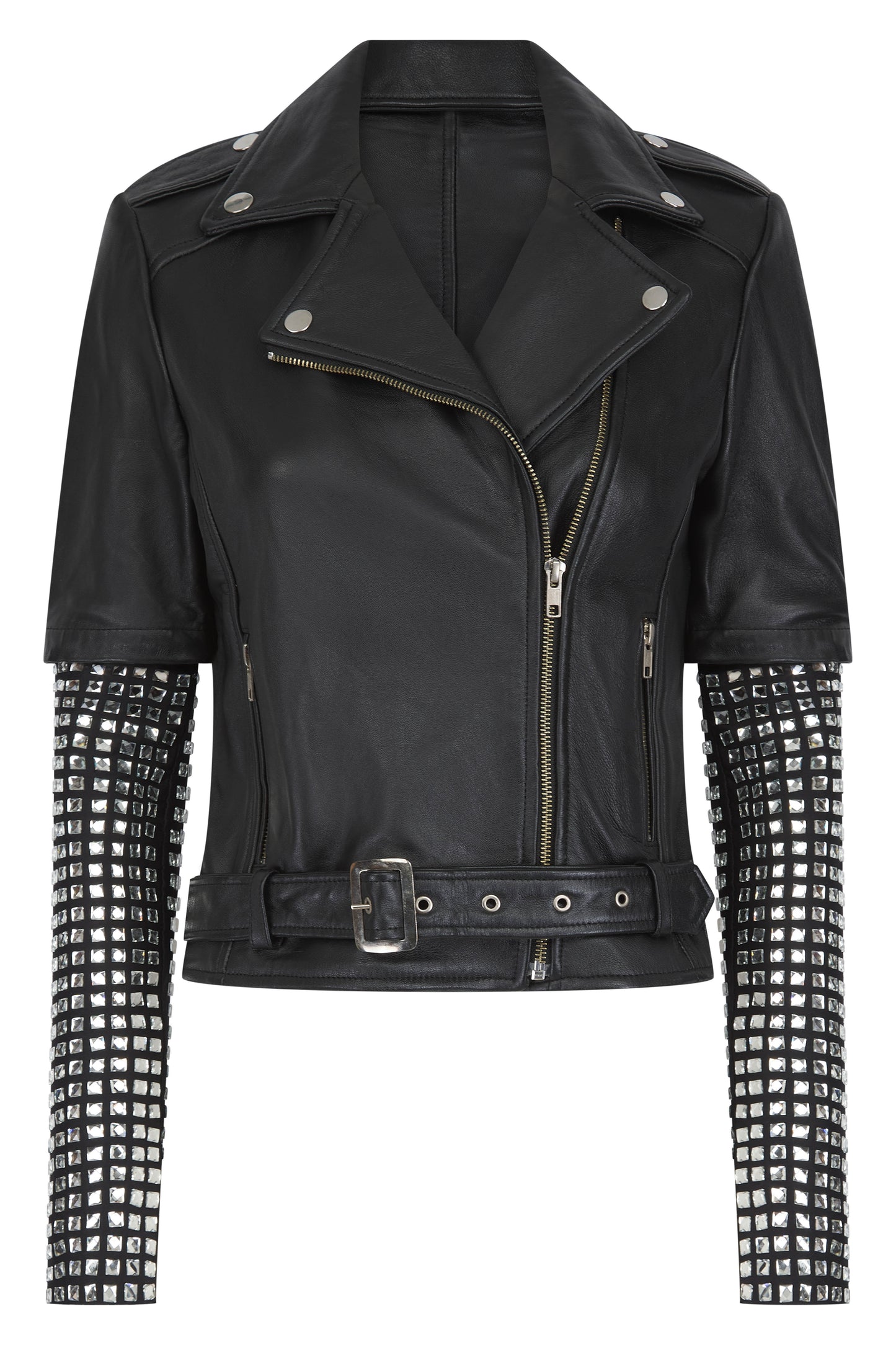 Sylvia Leather Biker with Crystal Sleeves