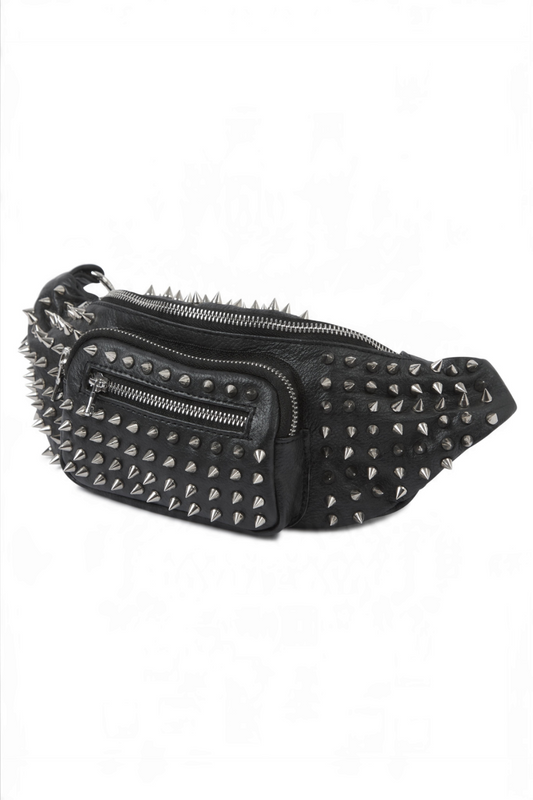Svart Studio black leather bumbag featuring silver spike studs, front zip pocket, and adjustable crossbody strap.