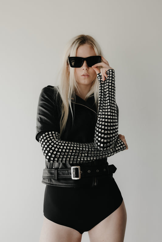Sylvia Leather Biker with Crystal Sleeves